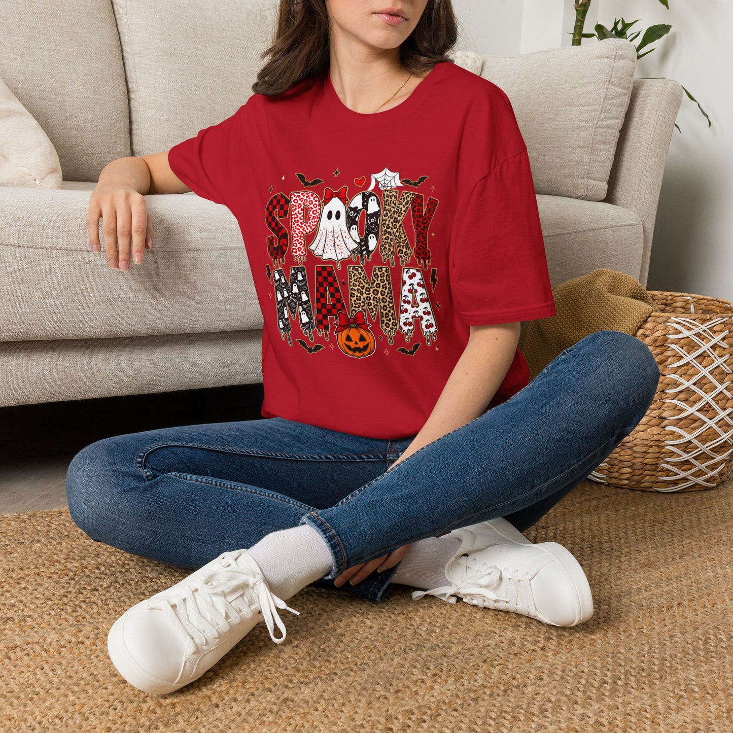 Spooky Mama T-Shirt — Cute Halloween Ghosts & Plaid Pumpkin Graphic Tee