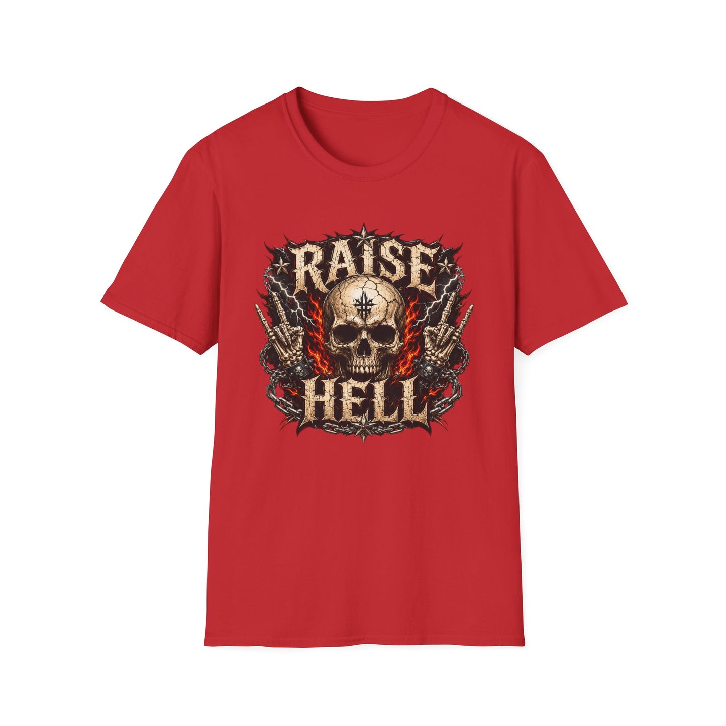 Raise Hell Skull T-Shirt — Gothic Rock Graphic Tee for Metal Fans