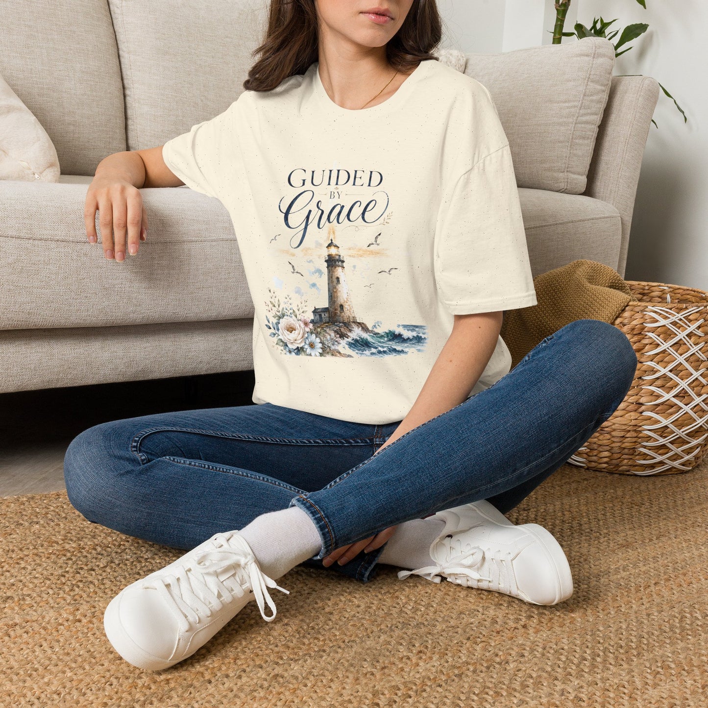 Guided by Grace Lighthouse T-Shirt — Inspirational Christian Coastal Tee