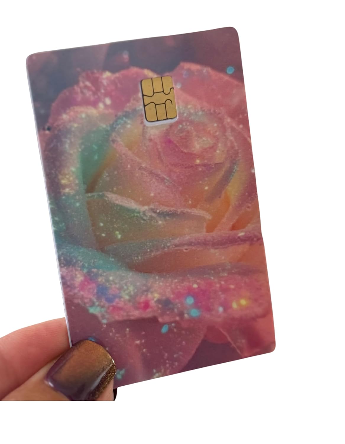 Rainbow Frost Rose Credit Card Skin – Sparkly Pastel Glitter Rose Design