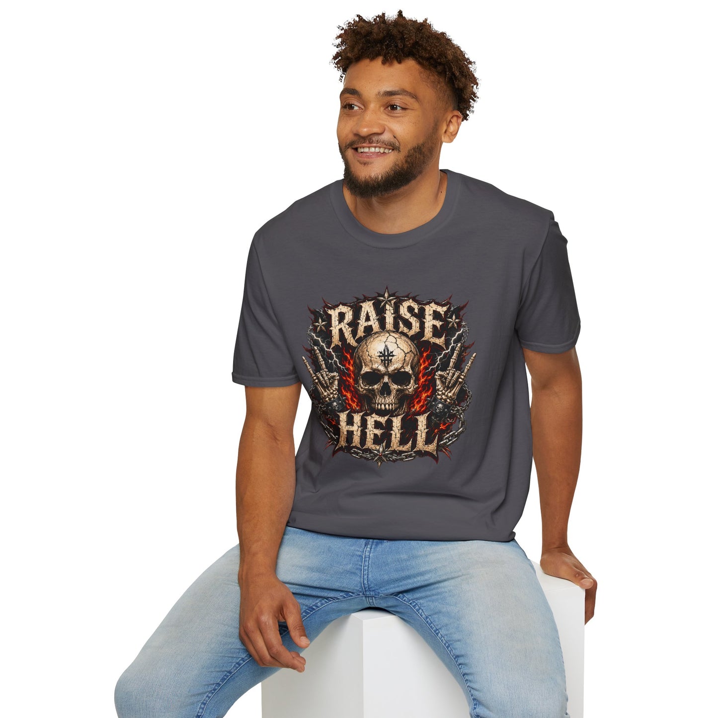 Raise Hell Skull T-Shirt — Gothic Rock Graphic Tee for Metal Fans