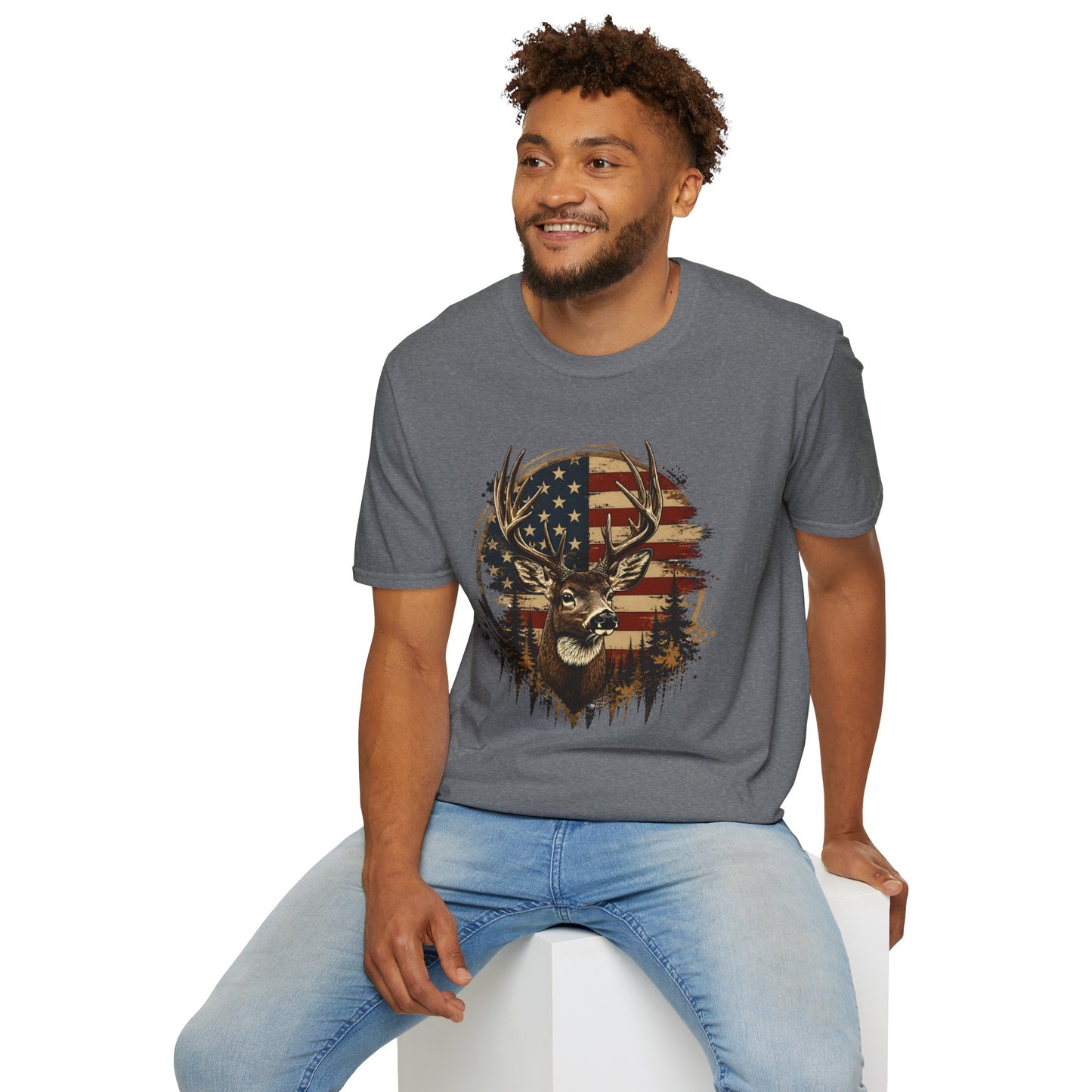 Patriotic Deer Graphic T-Shirt — American Flag Buck Hunting Tee