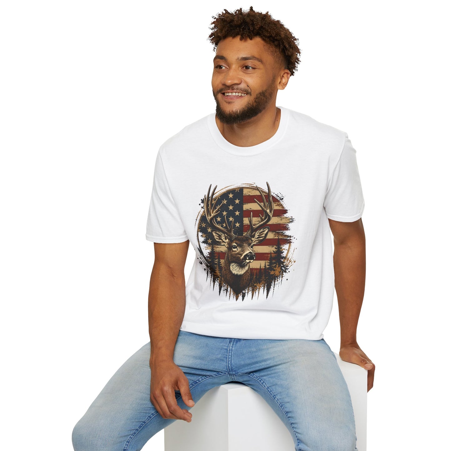 Patriotic Deer Graphic T-Shirt — American Flag Buck Hunting Tee