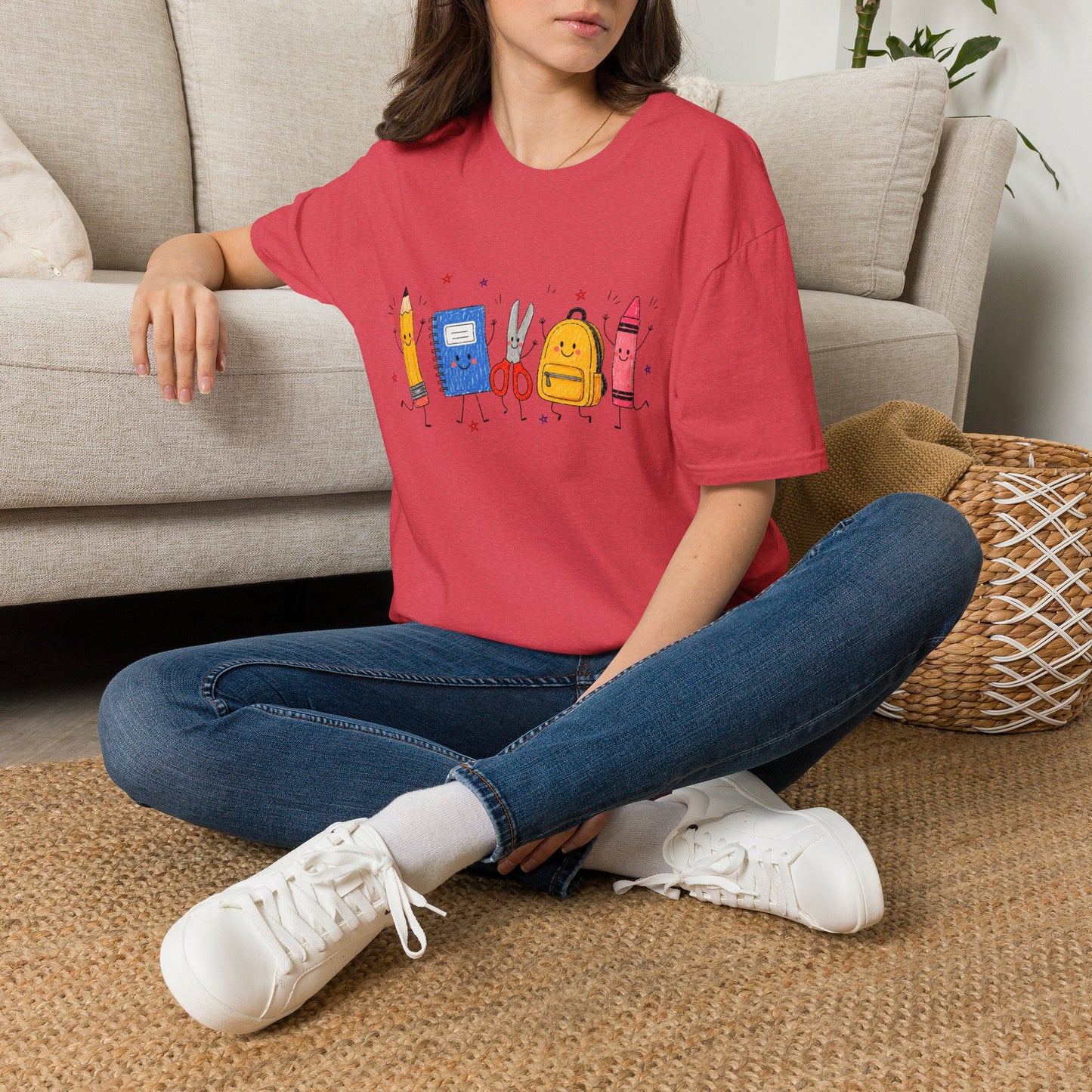 Back-to-School Cute School Supplies T-Shirt — Pencil, Notebook, Scissors & Crayon Design