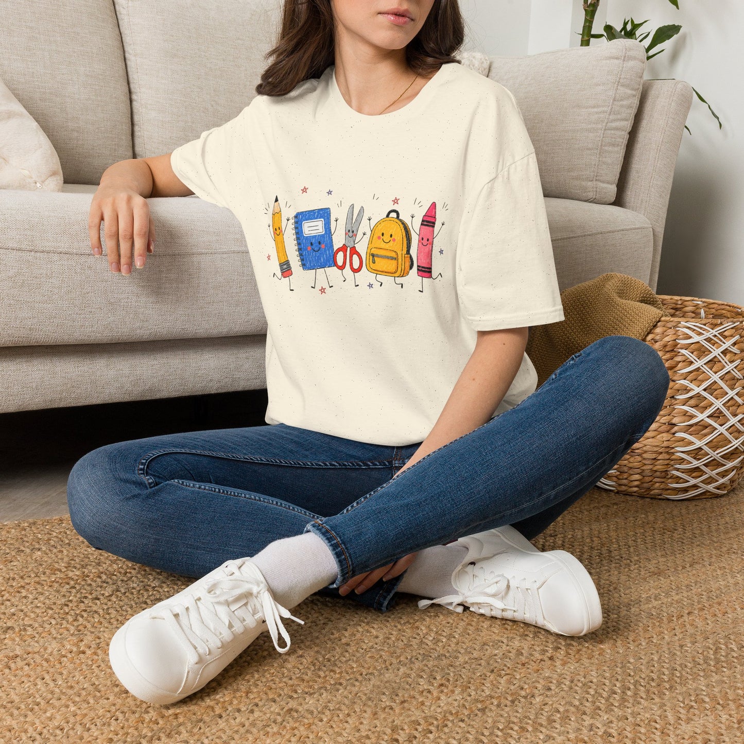 Back-to-School Cute School Supplies T-Shirt — Pencil, Notebook, Scissors & Crayon Design