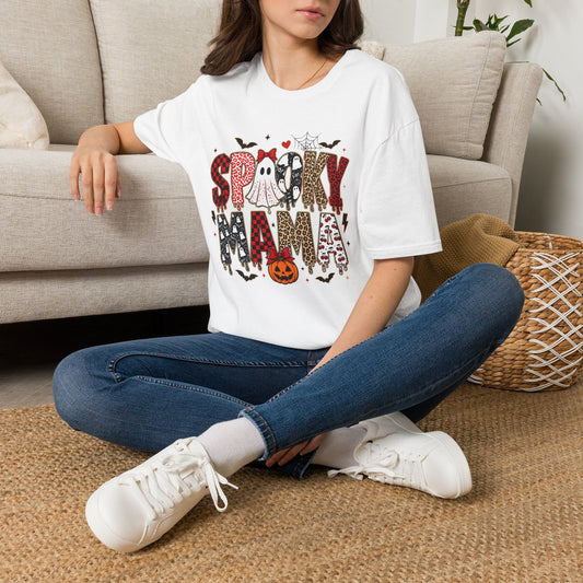 Spooky Mama T-Shirt — Cute Halloween Ghosts & Plaid Pumpkin Graphic Tee