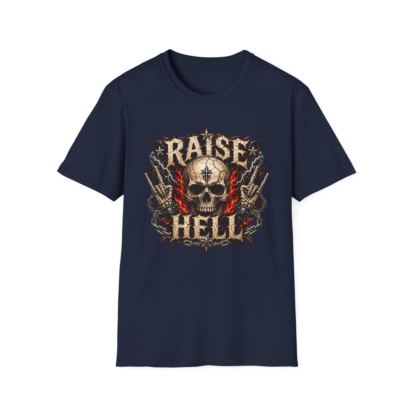 Raise Hell Skull T-Shirt — Gothic Rock Graphic Tee for Metal Fans