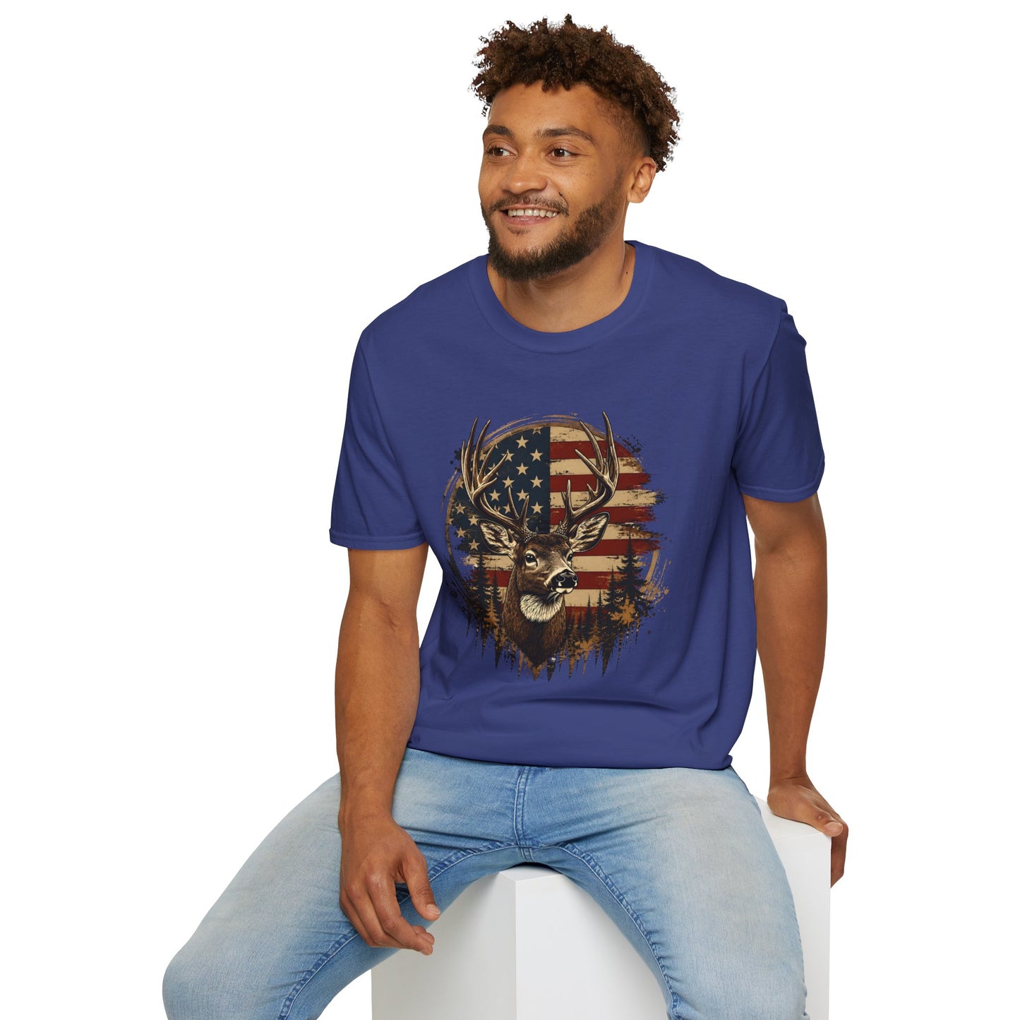 Patriotic Deer Graphic T-Shirt — American Flag Buck Hunting Tee