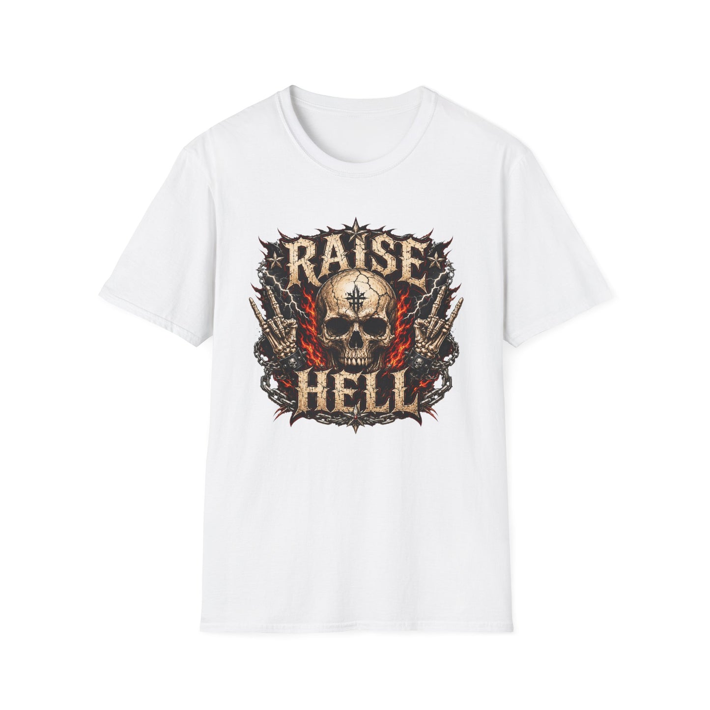 Raise Hell Skull T-Shirt — Gothic Rock Graphic Tee for Metal Fans