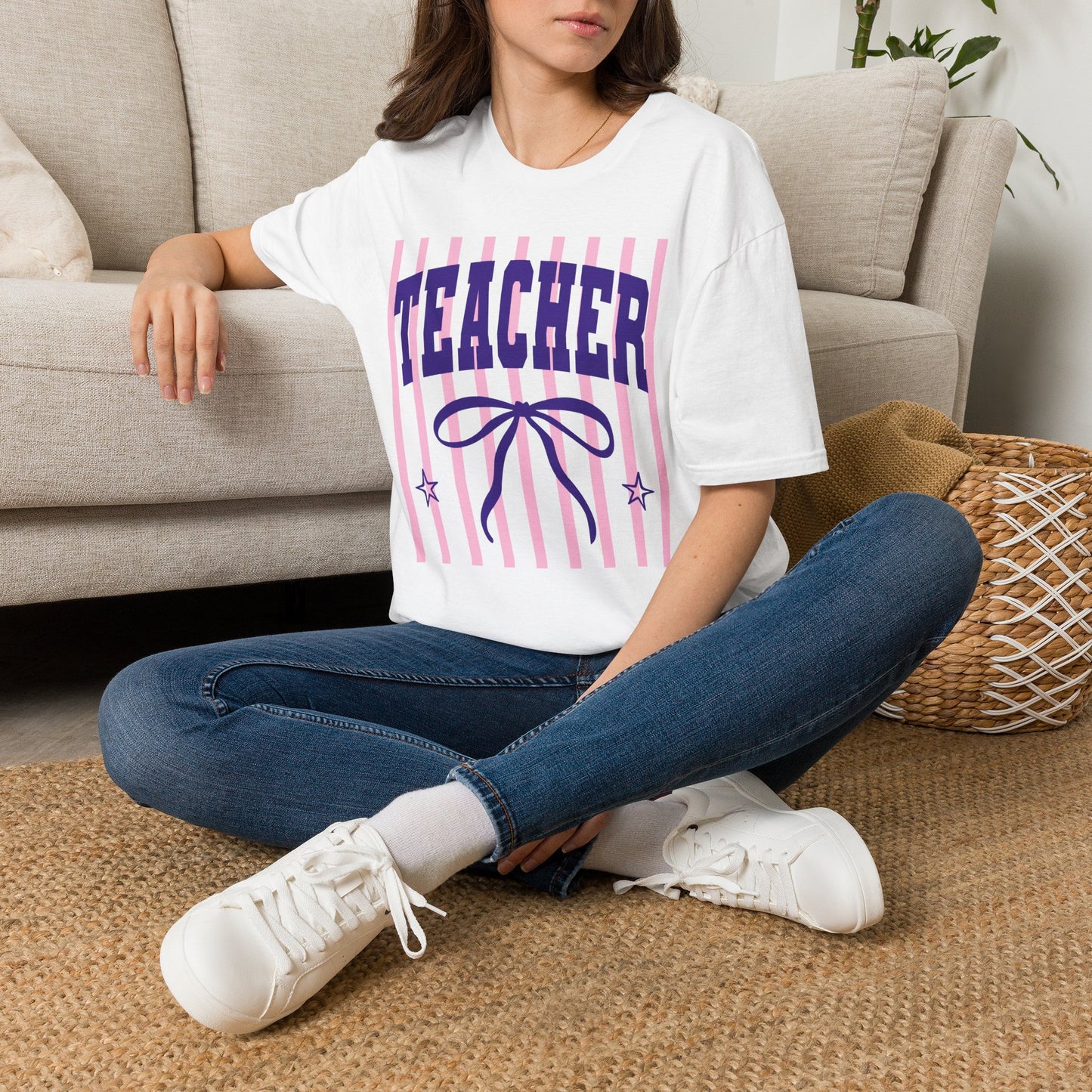 Teacher Graphic Tee — Pink Striped 'TEACHER' Vintage Bow Design