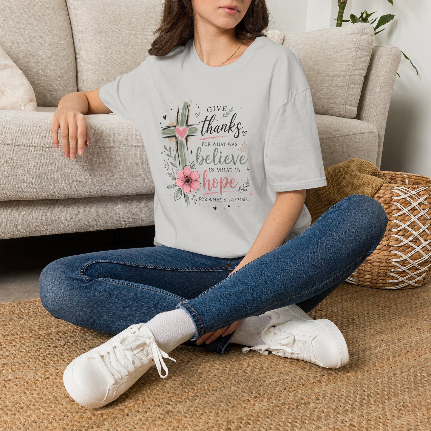 Christian Faith T-Shirt — “Give Thanks, Believe” Cross & Floral Bible Verse Tee