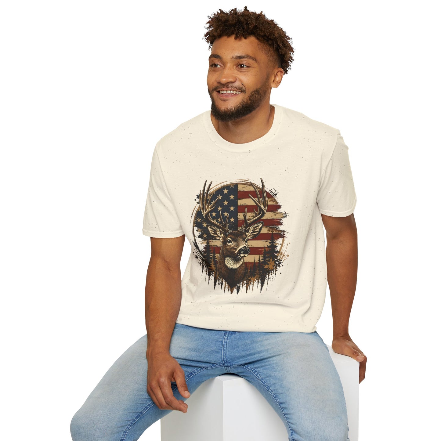 Patriotic Deer Graphic T-Shirt — American Flag Buck Hunting Tee