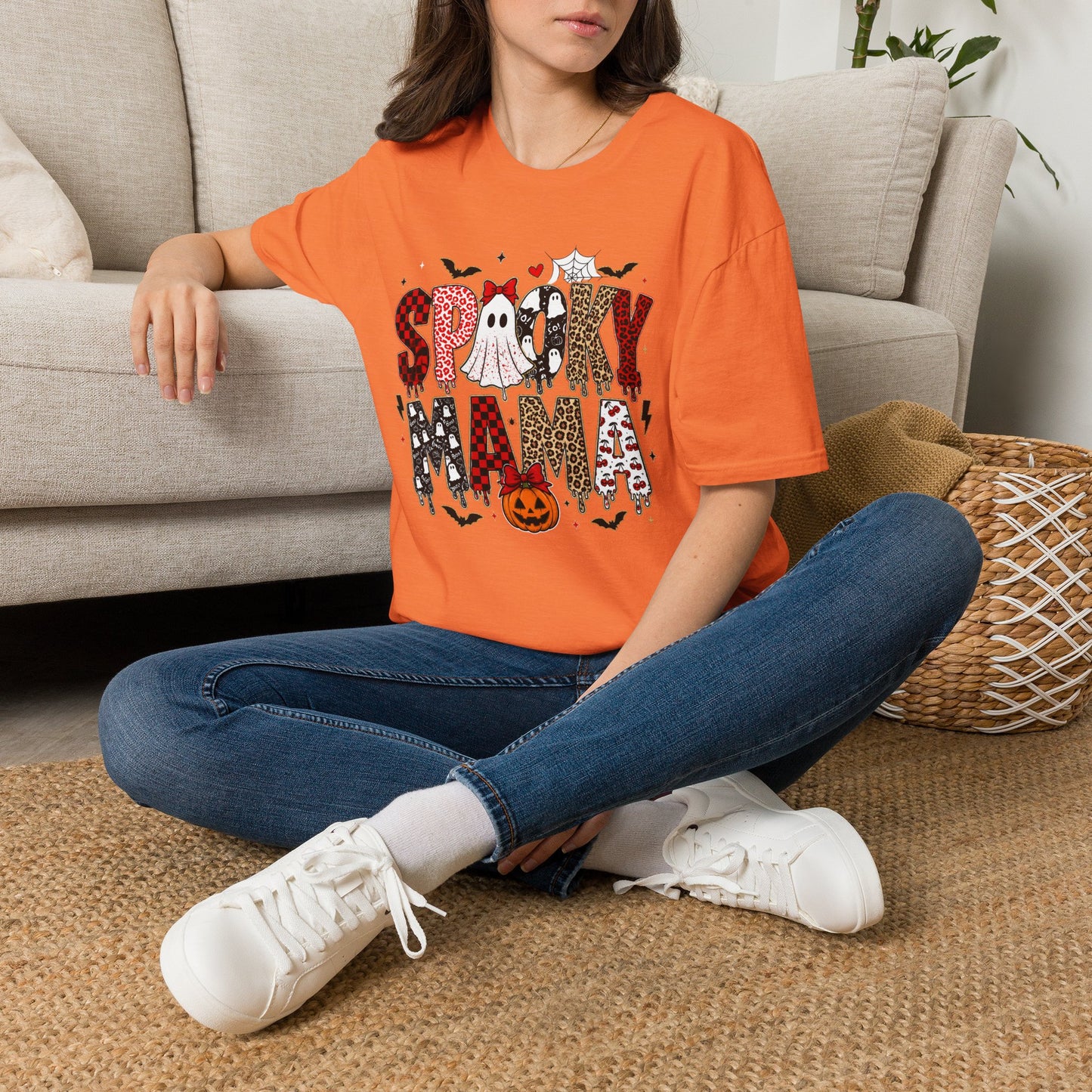 Spooky Mama T-Shirt — Cute Halloween Ghosts & Plaid Pumpkin Graphic Tee