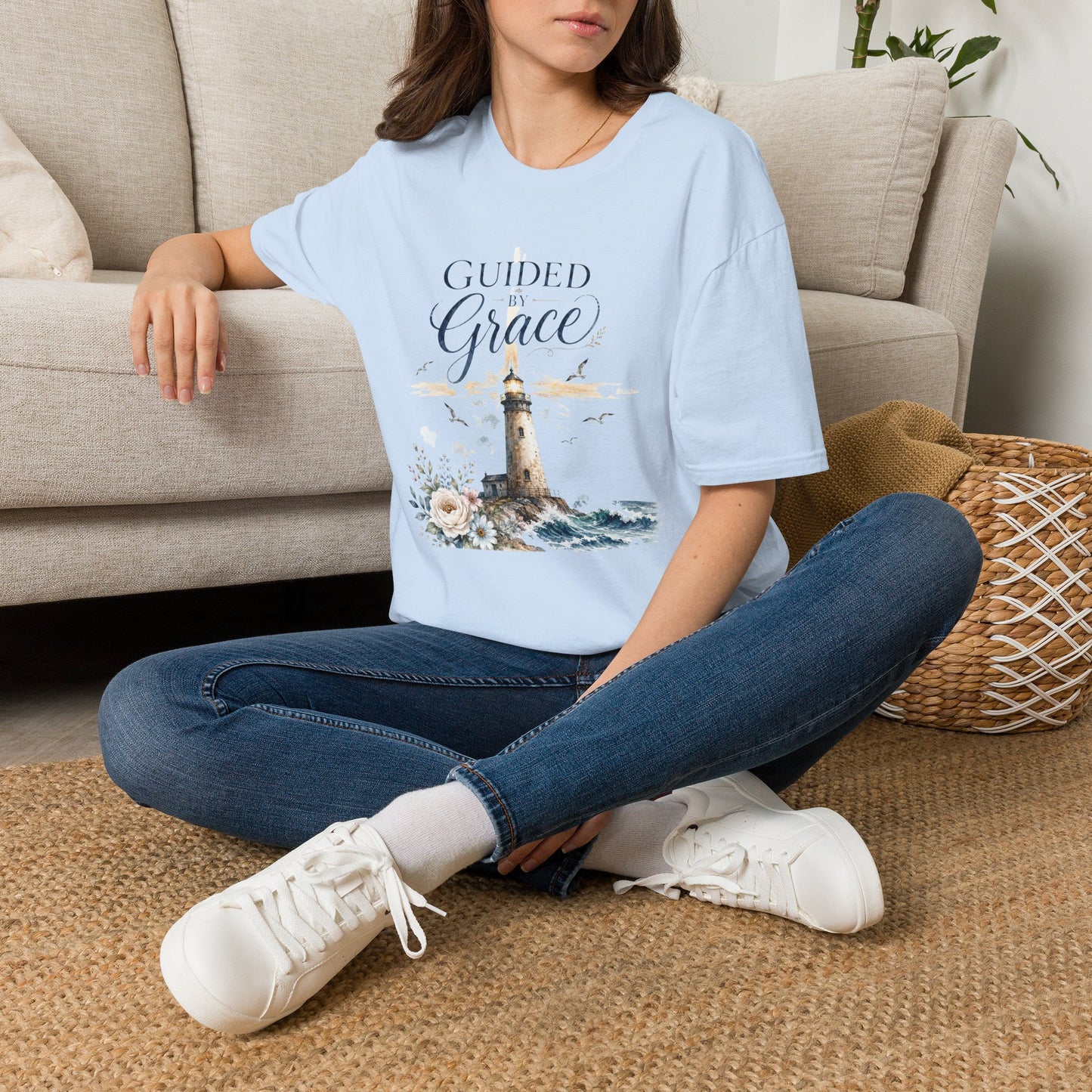 Guided by Grace Lighthouse T-Shirt — Inspirational Christian Coastal Tee