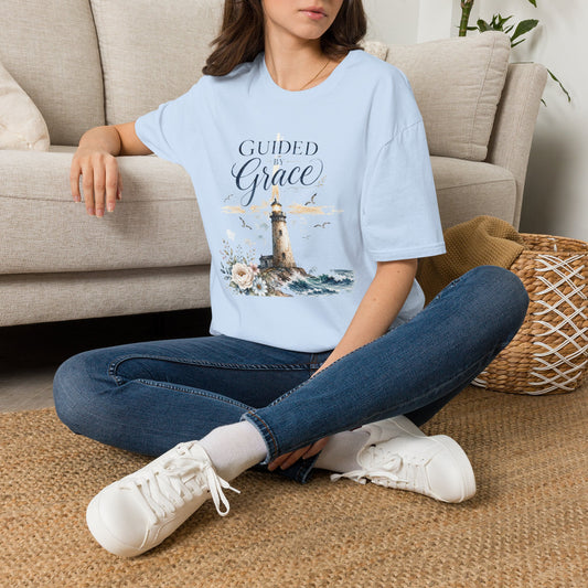 Guided by Grace Lighthouse T-Shirt — Inspirational Christian Coastal Tee