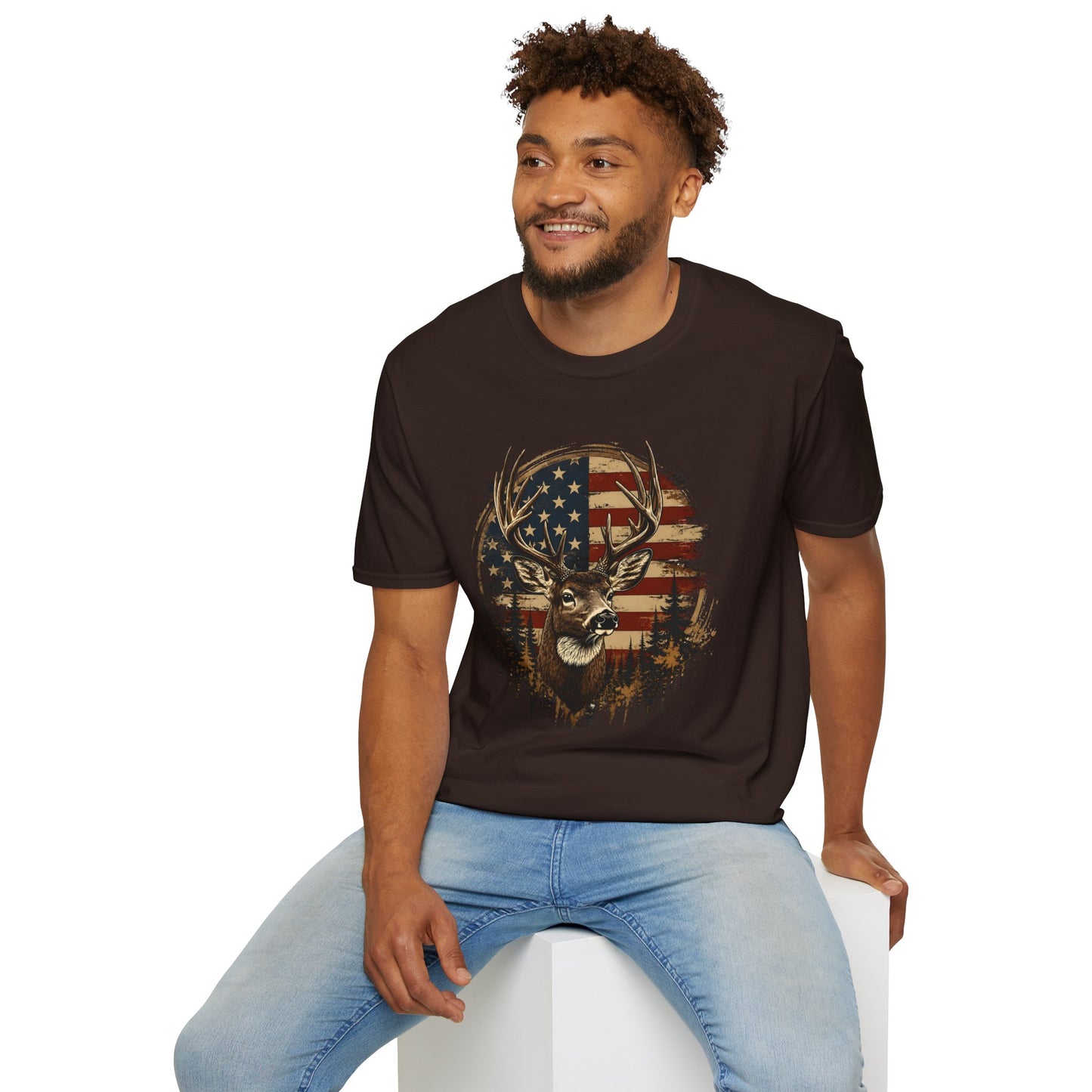 Patriotic Deer Graphic T-Shirt — American Flag Buck Hunting Tee