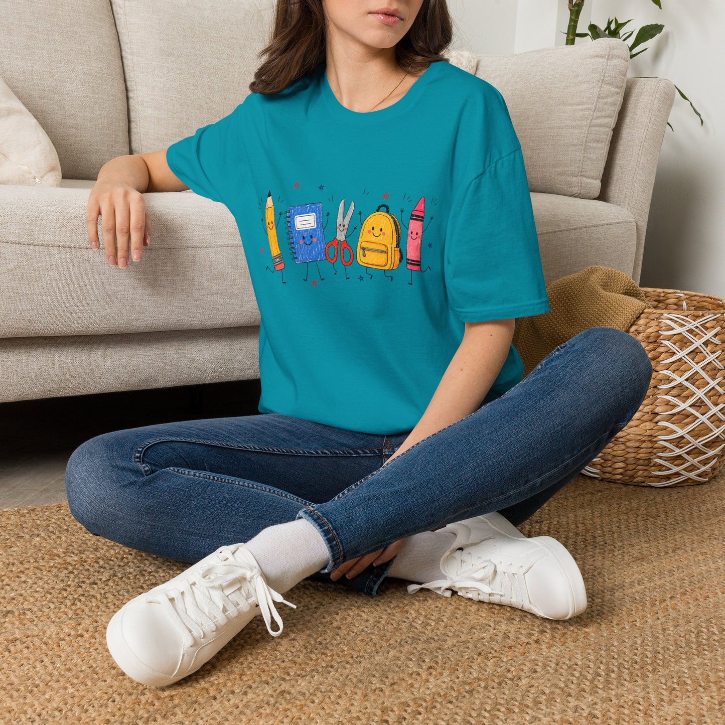 Back-to-School Cute School Supplies T-Shirt — Pencil, Notebook, Scissors & Crayon Design