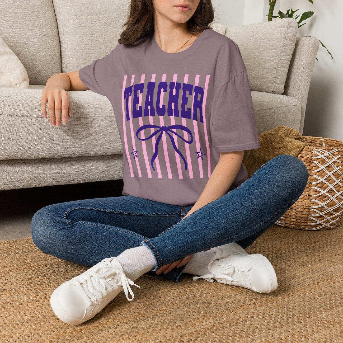 Teacher Graphic Tee — Pink Striped 'TEACHER' Vintage Bow Design