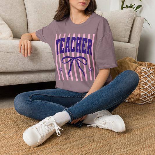 Teacher Graphic Tee — Pink Striped 'TEACHER' Vintage Bow Design