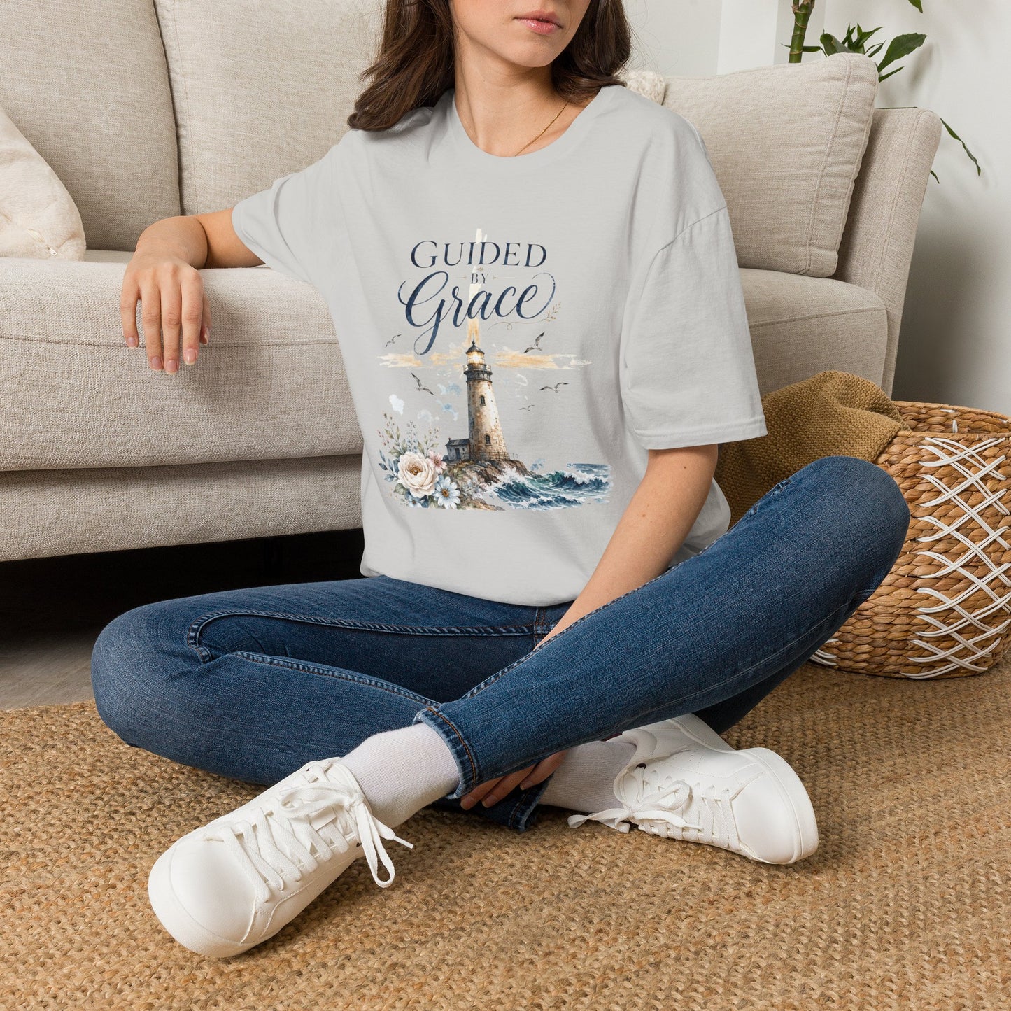 Guided by Grace Lighthouse T-Shirt — Inspirational Christian Coastal Tee