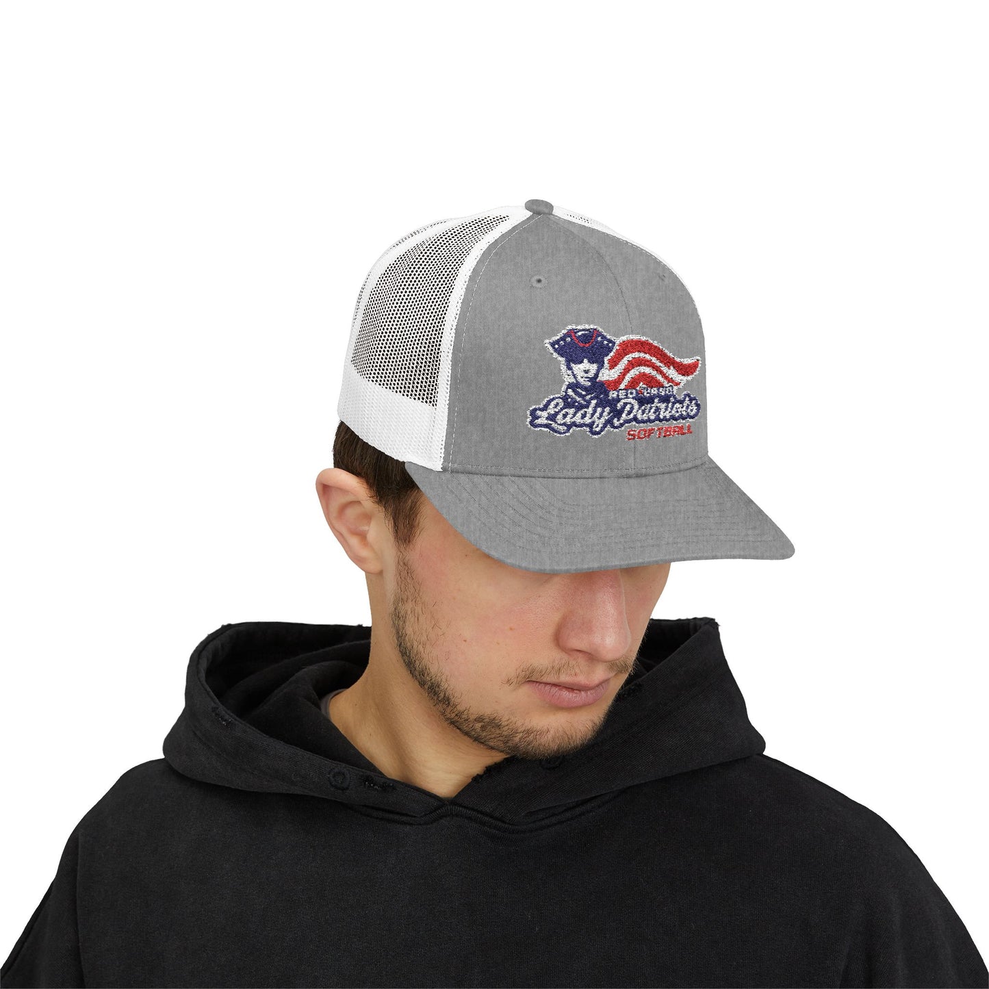 Patriotic Trucker Cap — Retro "Go Patriots" Embroidered Snapback