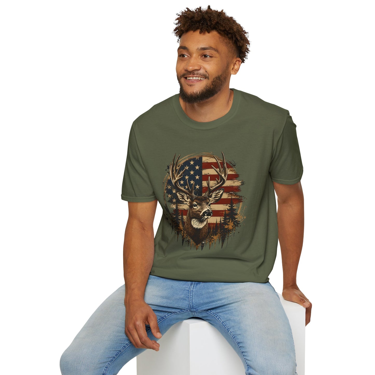 Patriotic Deer Graphic T-Shirt — American Flag Buck Hunting Tee