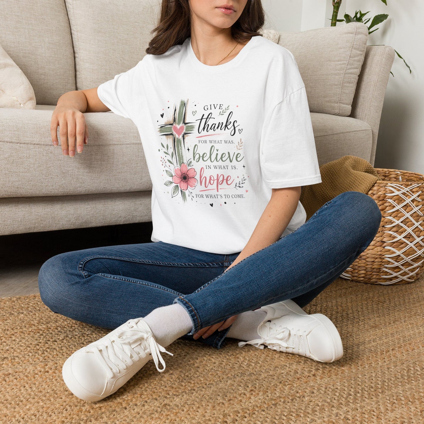 Christian Faith T-Shirt — “Give Thanks, Believe” Cross & Floral Bible Verse Tee