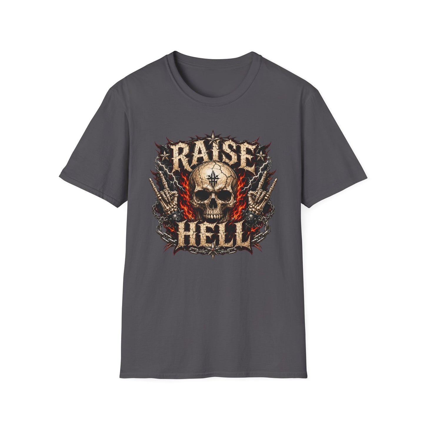 Raise Hell Skull T-Shirt — Gothic Rock Graphic Tee for Metal Fans