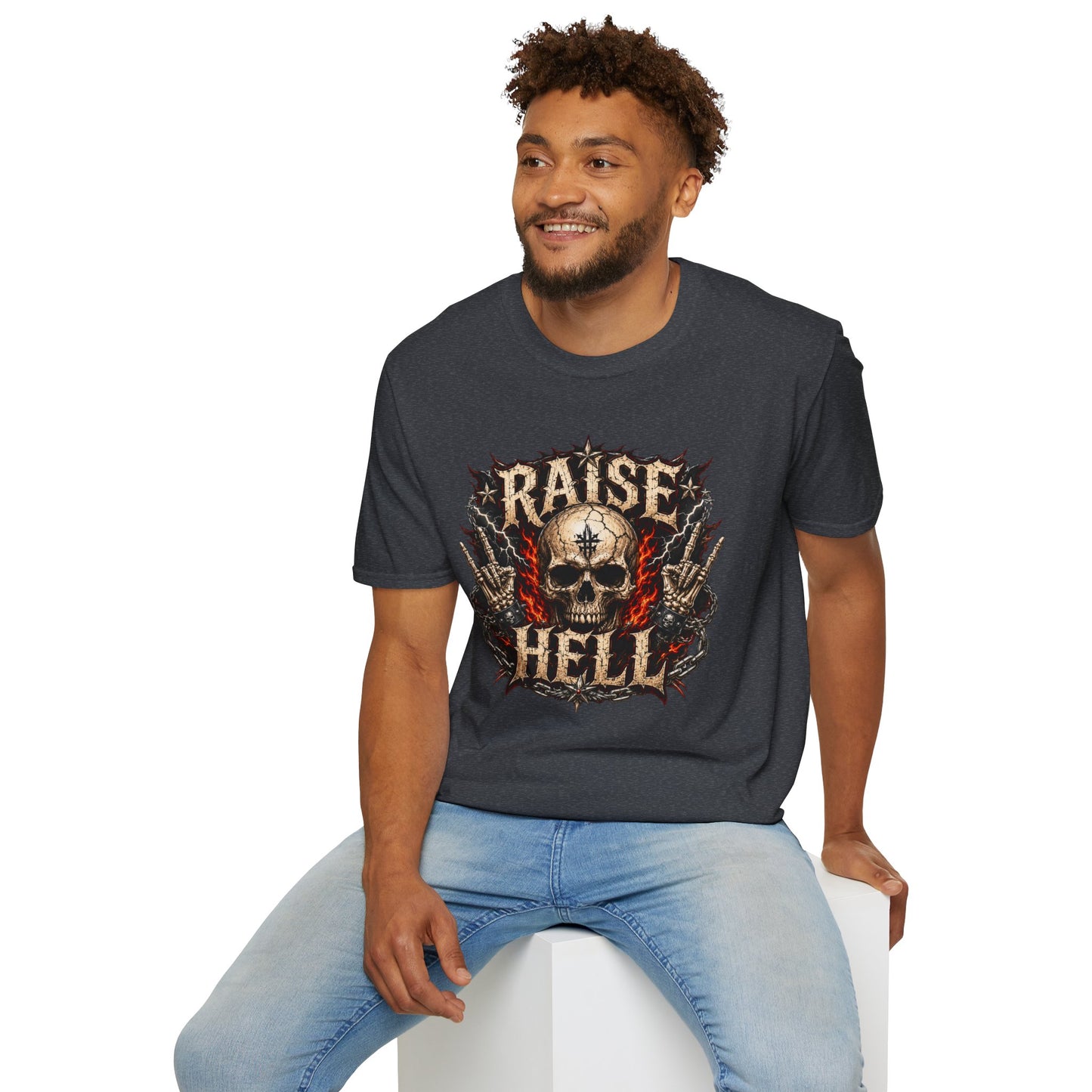 Raise Hell Skull T-Shirt — Gothic Rock Graphic Tee for Metal Fans
