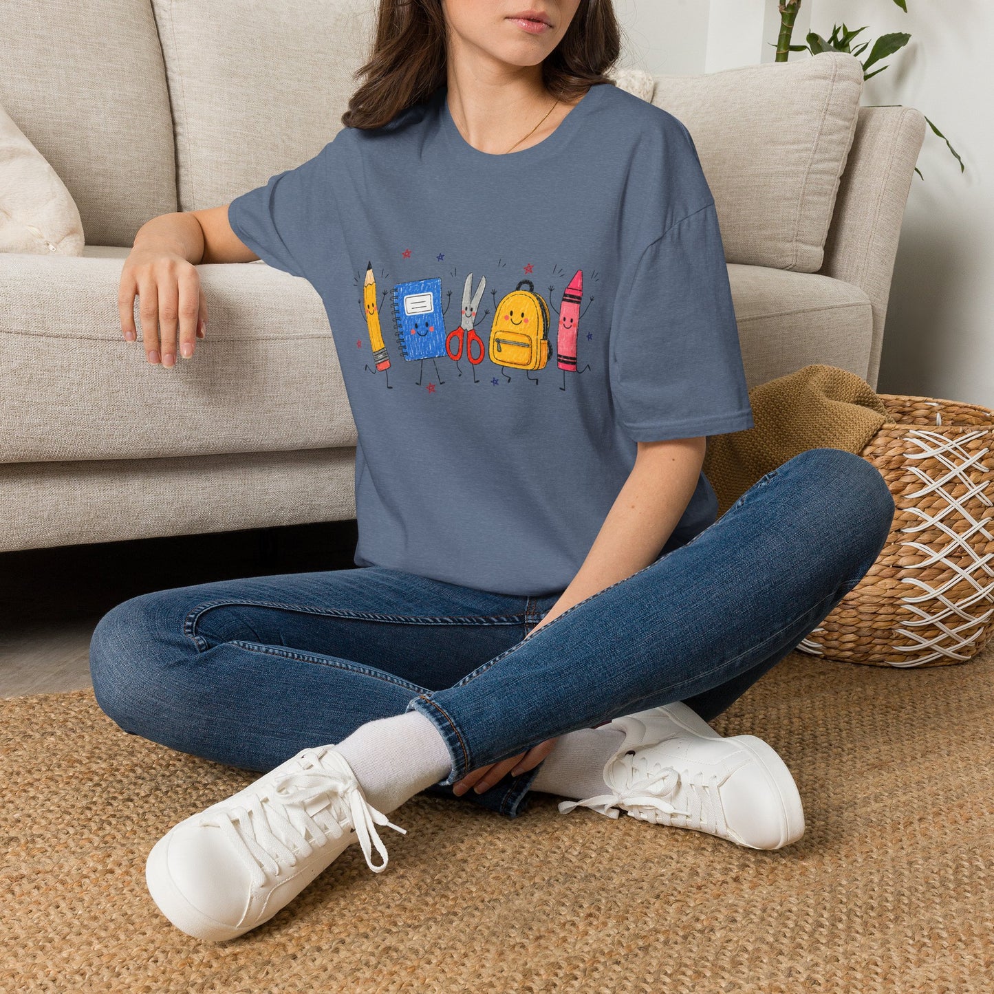 Back-to-School Cute School Supplies T-Shirt — Pencil, Notebook, Scissors & Crayon Design