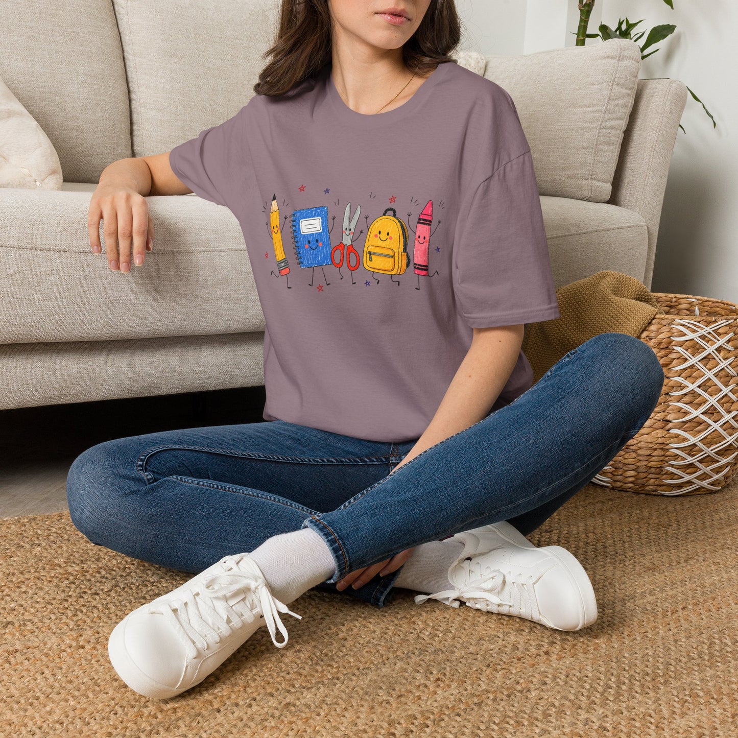 Back-to-School Cute School Supplies T-Shirt — Pencil, Notebook, Scissors & Crayon Design