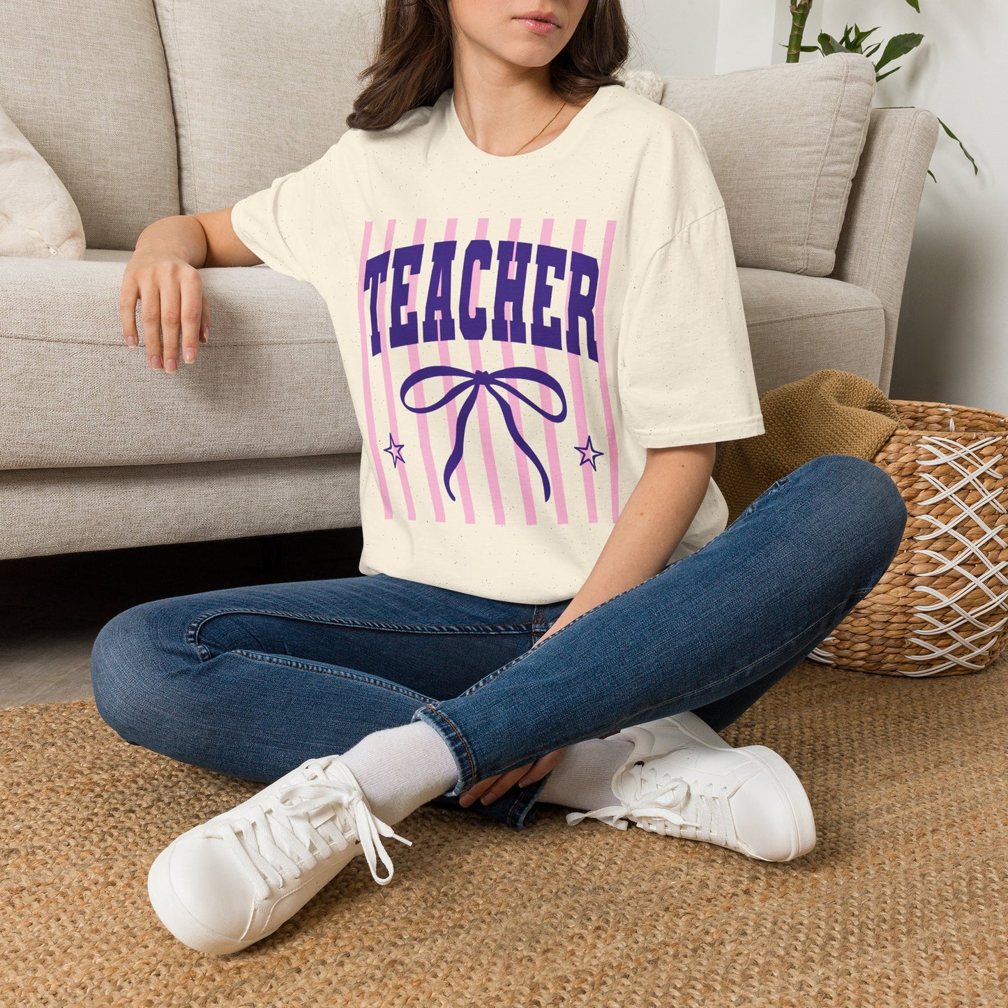 Teacher Graphic Tee — Pink Striped 'TEACHER' Vintage Bow Design