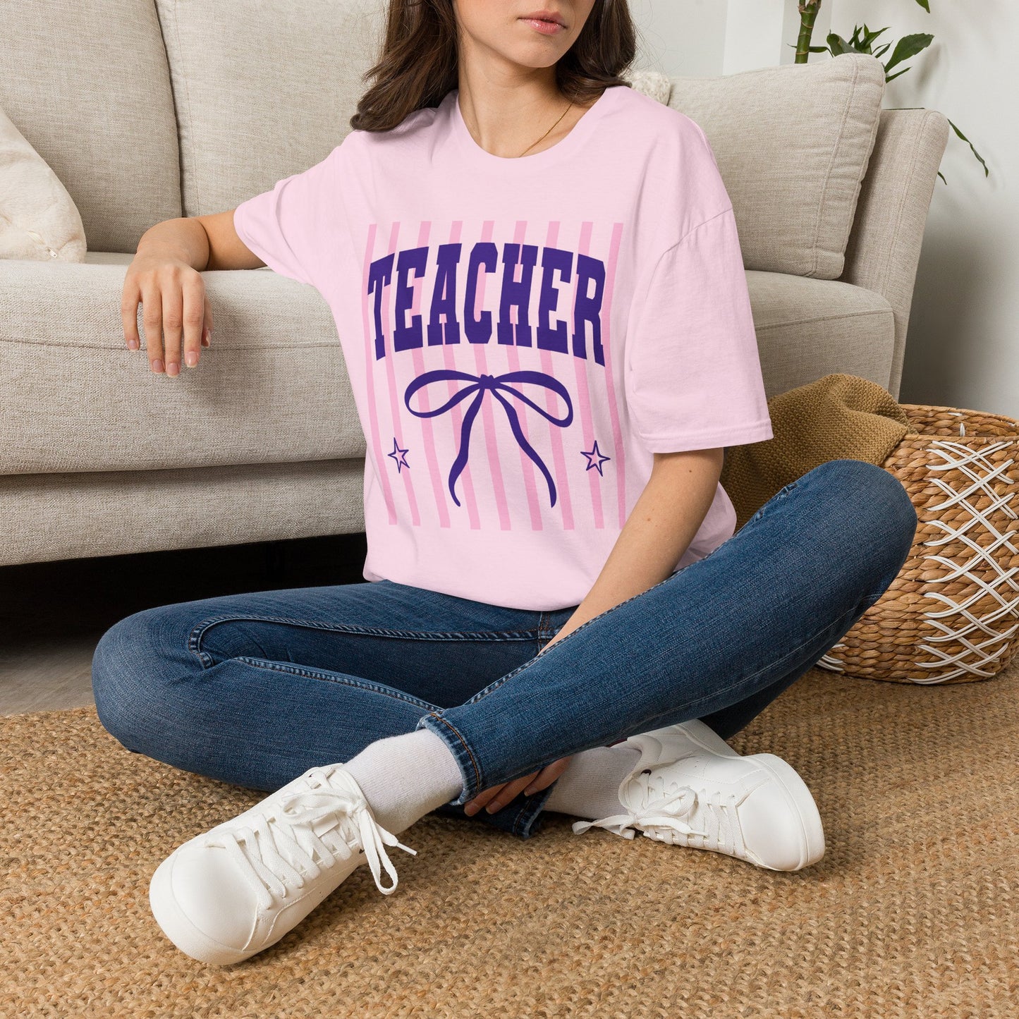 Teacher Graphic Tee — Pink Striped 'TEACHER' Vintage Bow Design