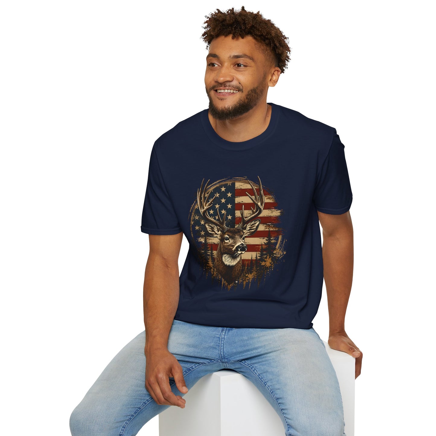 Patriotic Deer Graphic T-Shirt — American Flag Buck Hunting Tee