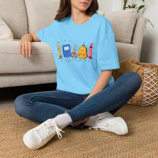 Back-to-School Cute School Supplies T-Shirt — Pencil, Notebook, Scissors & Crayon Design
