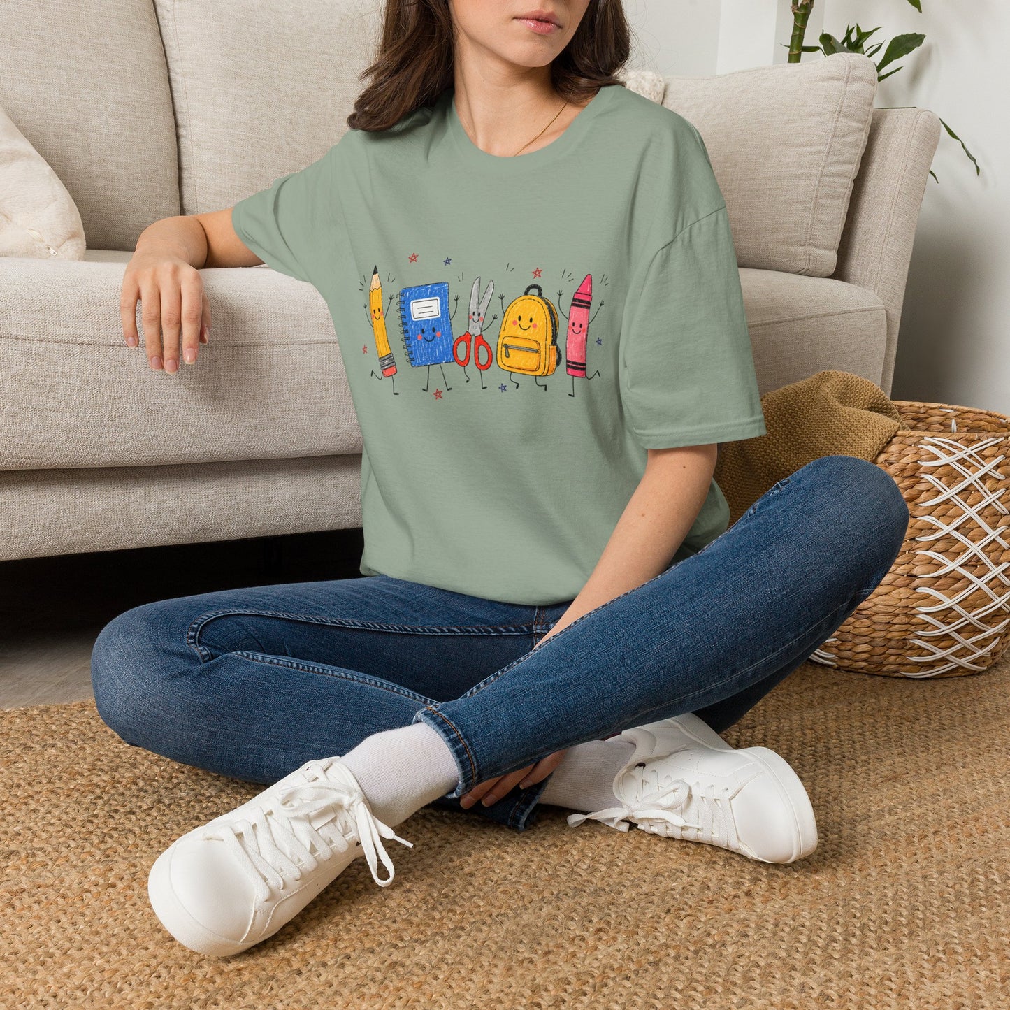 Back-to-School Cute School Supplies T-Shirt — Pencil, Notebook, Scissors & Crayon Design