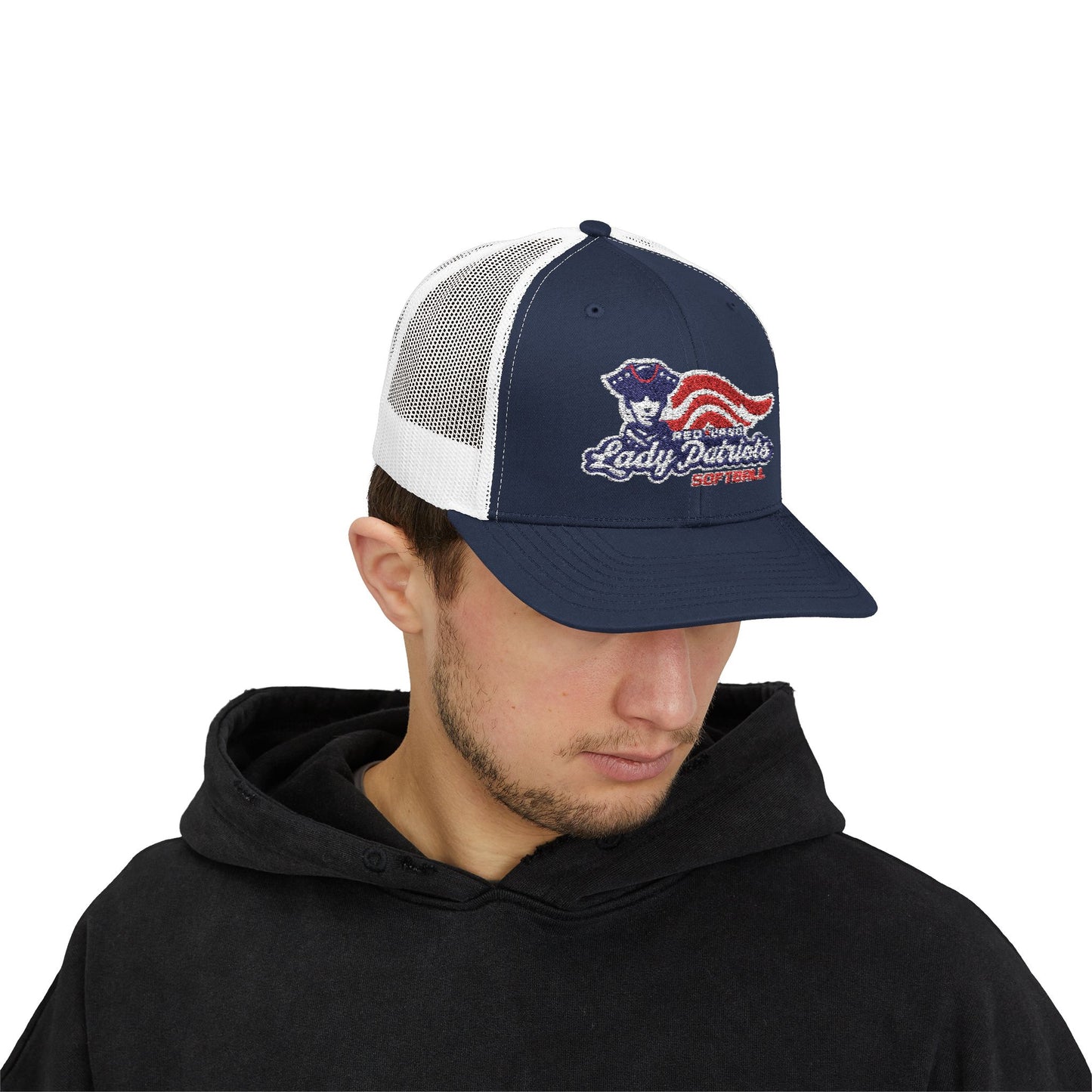 Patriotic Trucker Cap — Retro "Go Patriots" Embroidered Snapback