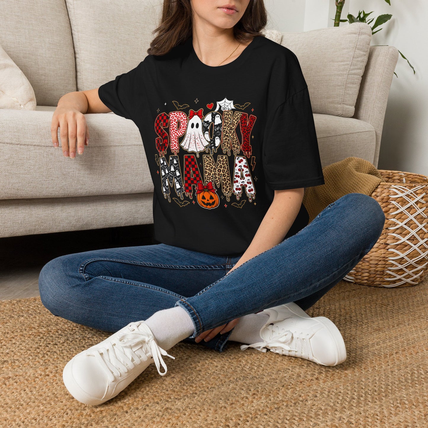 Spooky Mama T-Shirt — Cute Halloween Ghosts & Plaid Pumpkin Graphic Tee