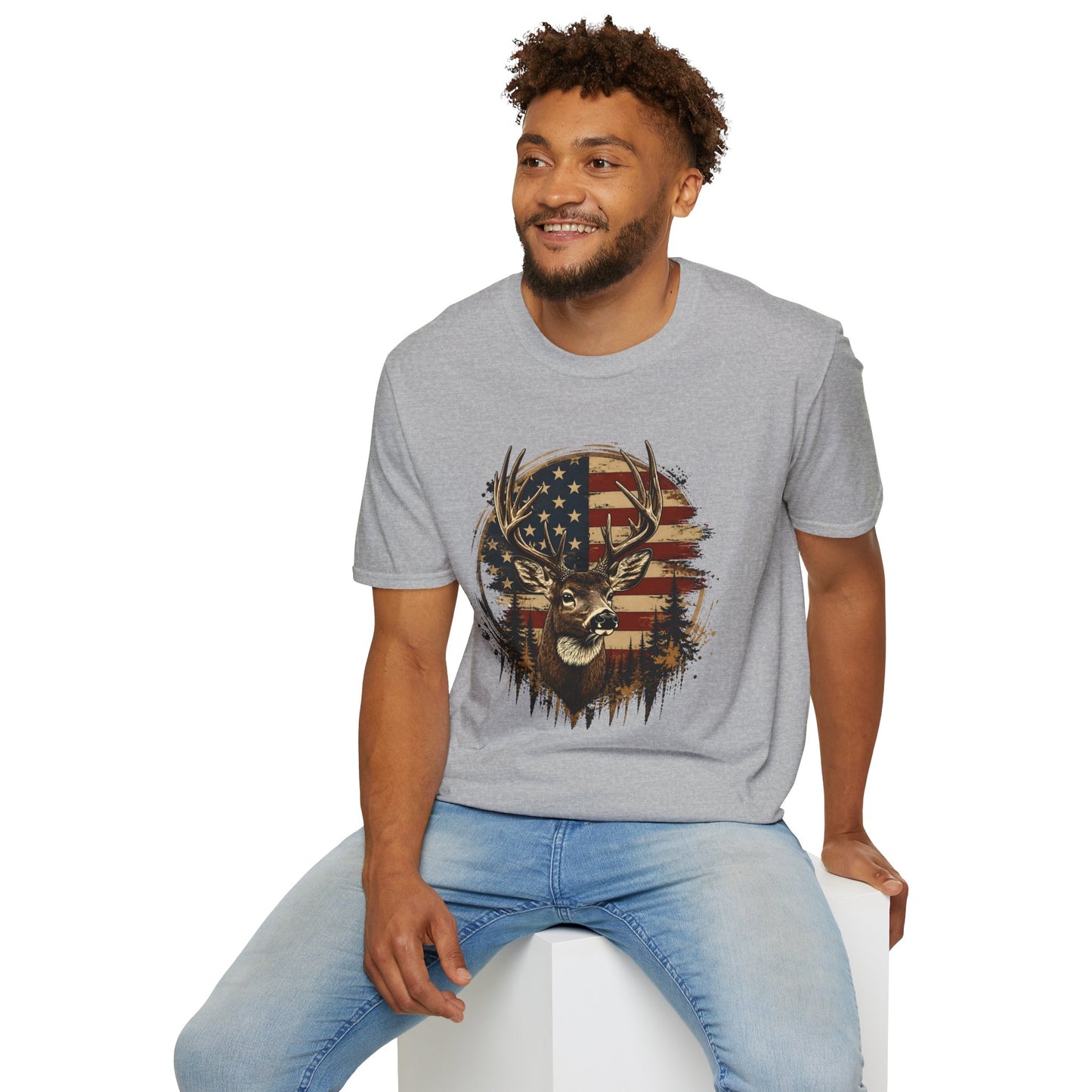 Patriotic Deer Graphic T-Shirt — American Flag Buck Hunting Tee