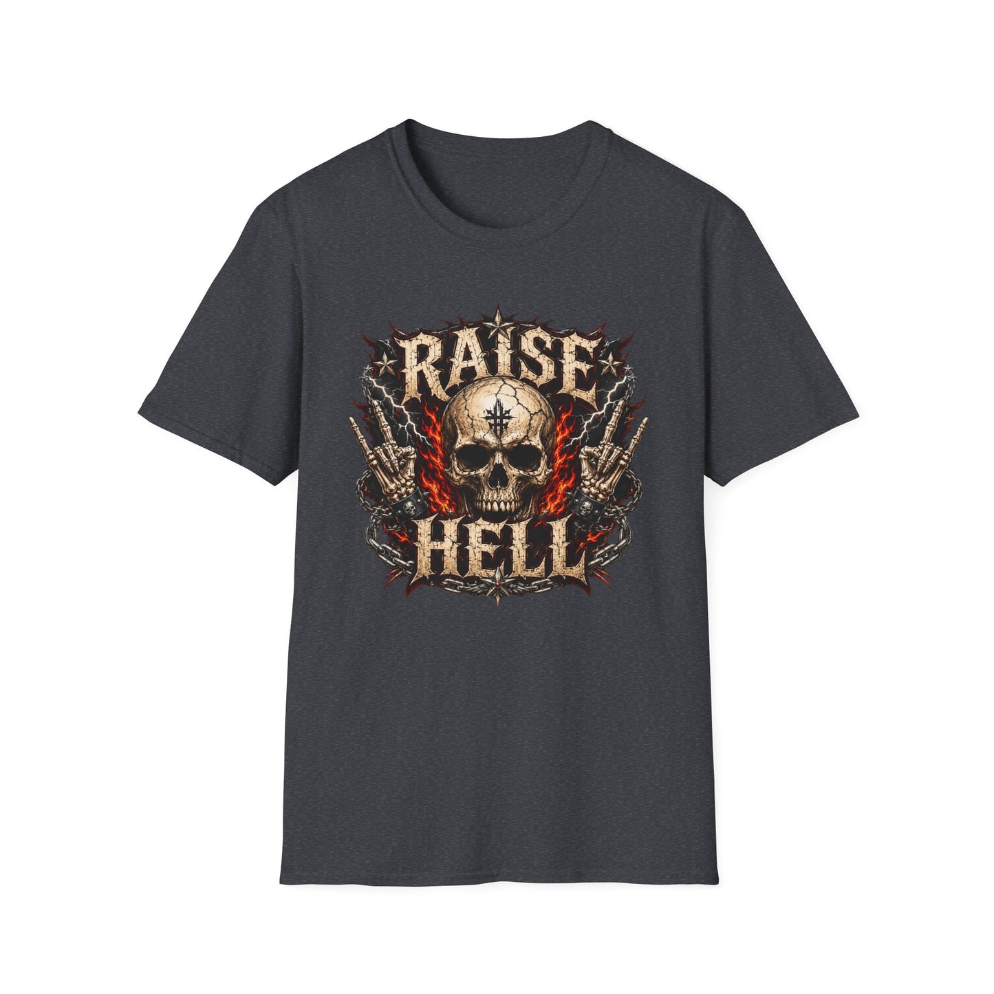 Raise Hell Skull T-Shirt — Gothic Rock Graphic Tee for Metal Fans