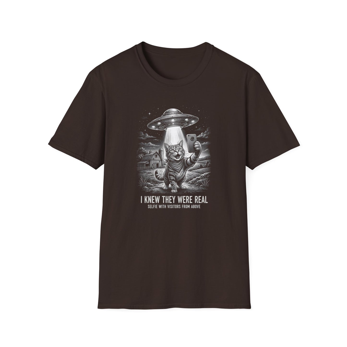Alien Cat Selfie T-Shirt — 'I Knew They Were Real' UFO Graphic Tee