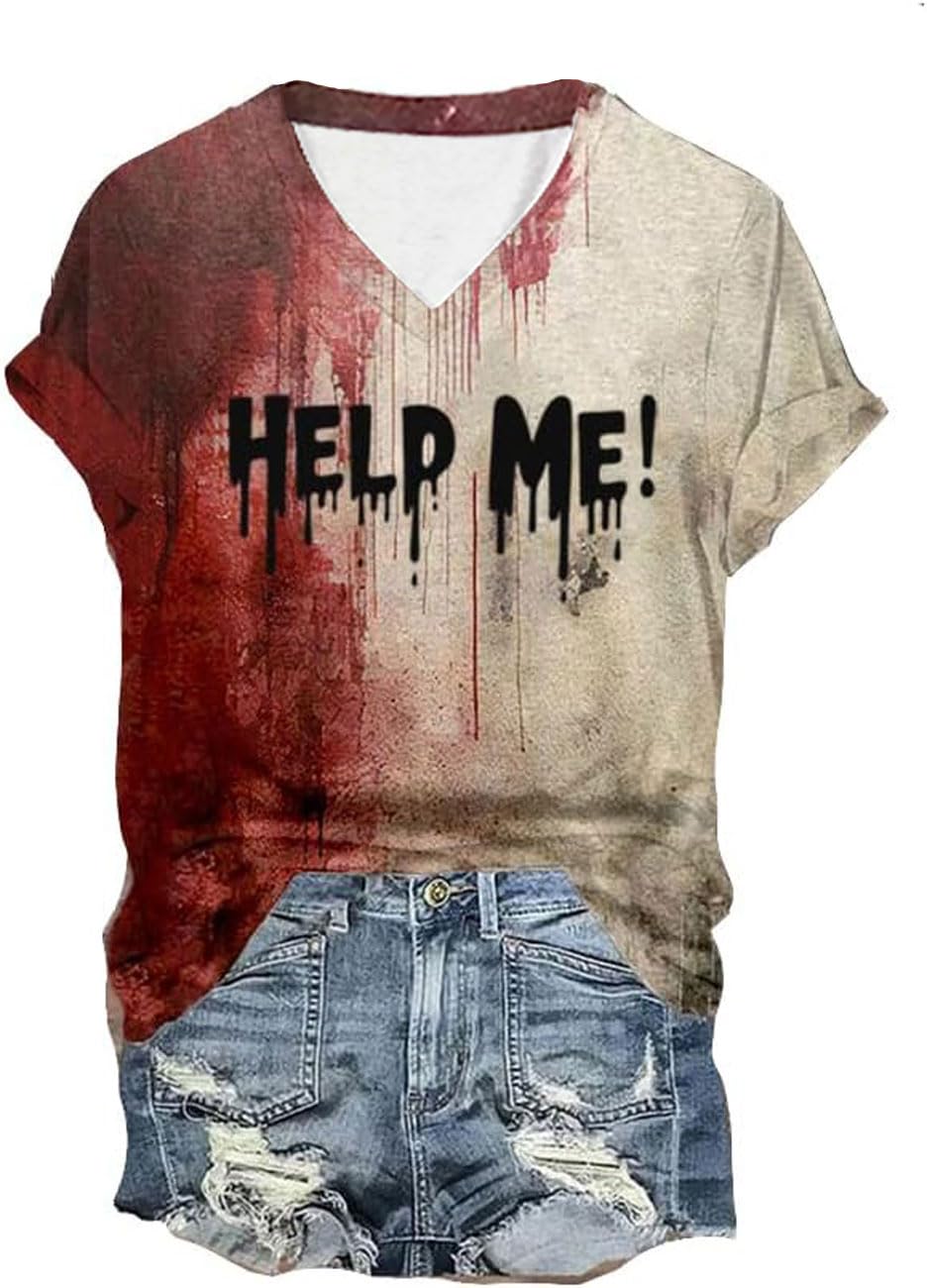 Halloween Bloody Shirts Women Funny Blood Splatter Horror T-Shirt Halloween Blood Stain Horror Movie Graphic Top