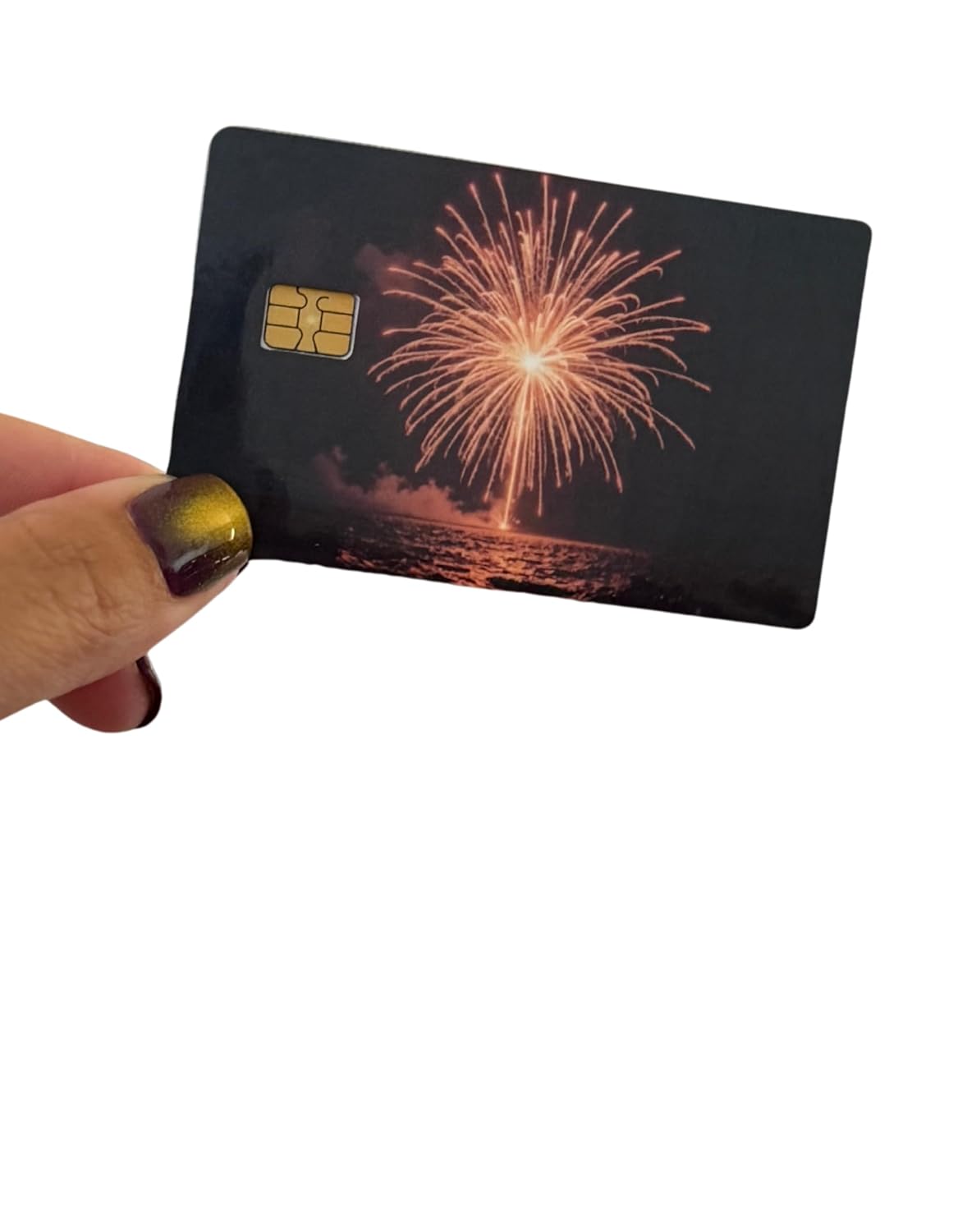 Golden Firework Night Card Skin – Sparkling Skyburst Over Water Print