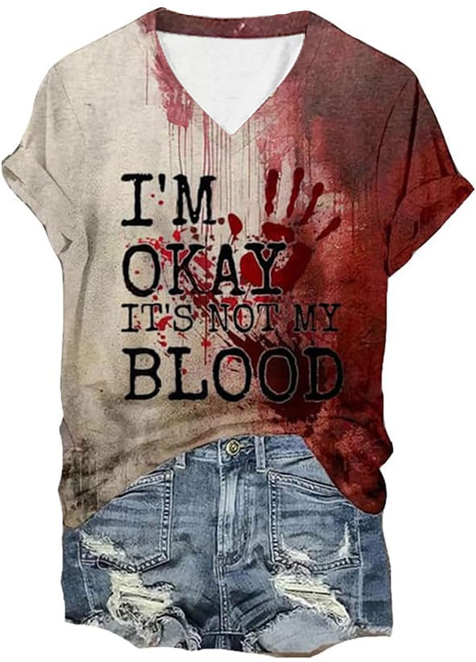 Halloween Bloody Shirts Women Funny Blood Splatter Horror T-Shirt Halloween Blood Stain Horror Movie Graphic Top