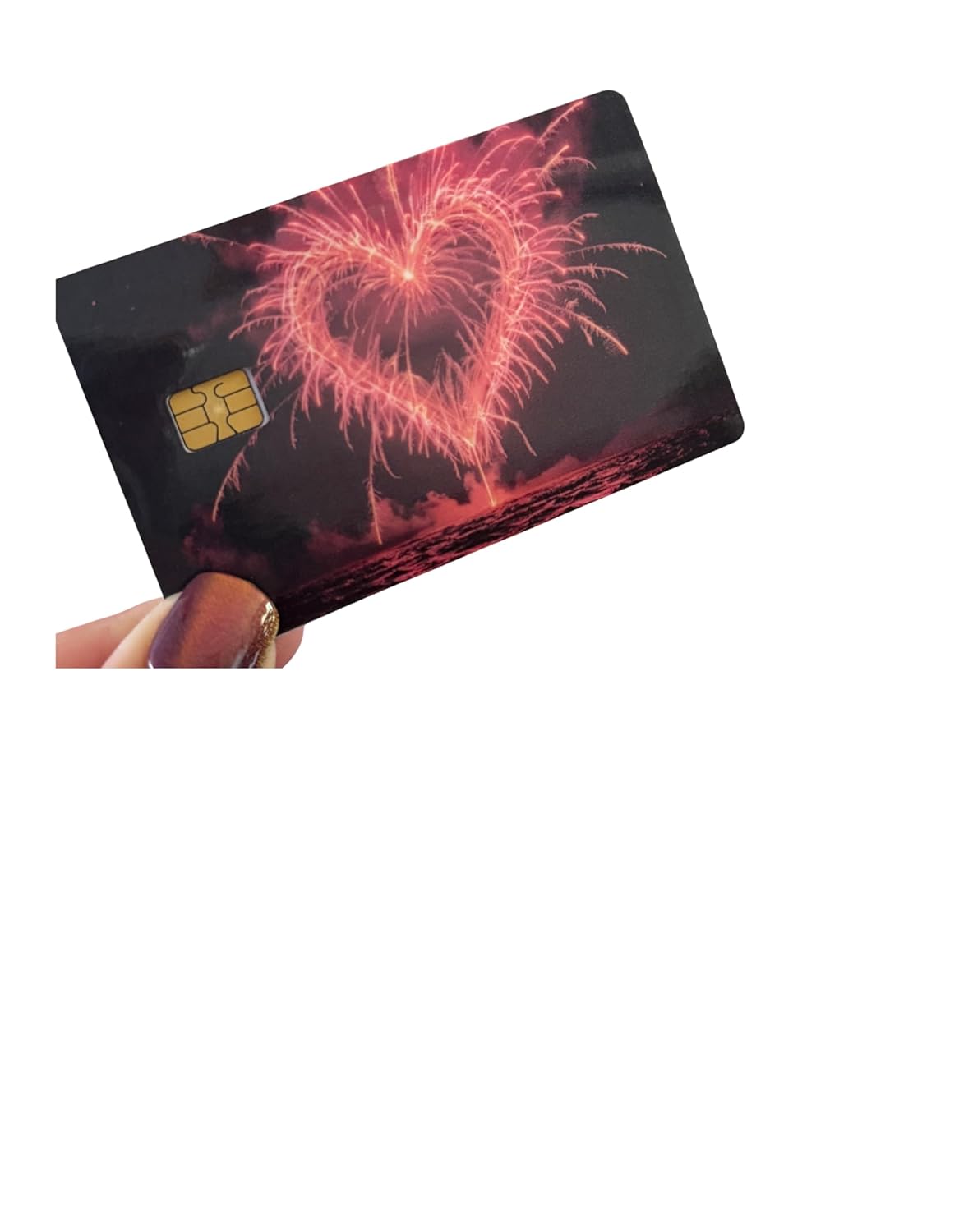 Heartburst Fireworks Card Skin – Pink Heart-Shaped Skyburst Over Water