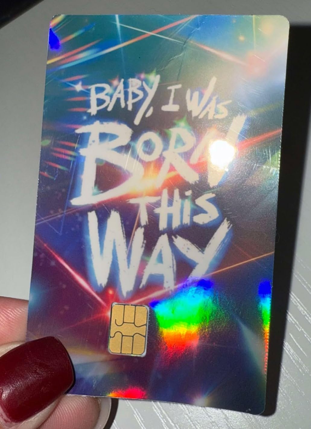 Born This Way Holographic Credit Card Skin – LGBTQ+ Pride Debit Card Sticker – Glitter Shine Card Cover for Chip Cards – Bold Affirmation Design