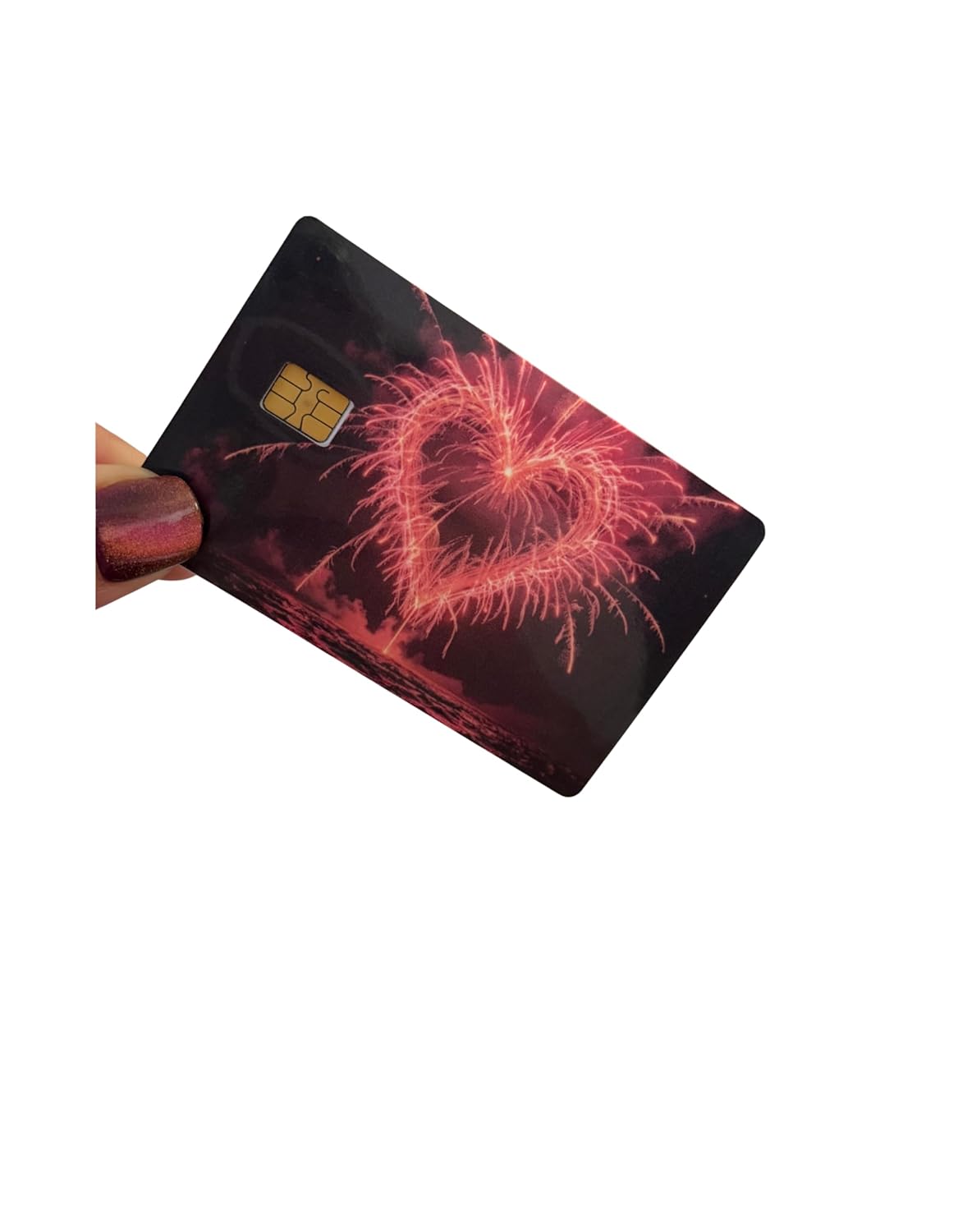 Heartburst Fireworks Card Skin – Pink Heart-Shaped Skyburst Over Water