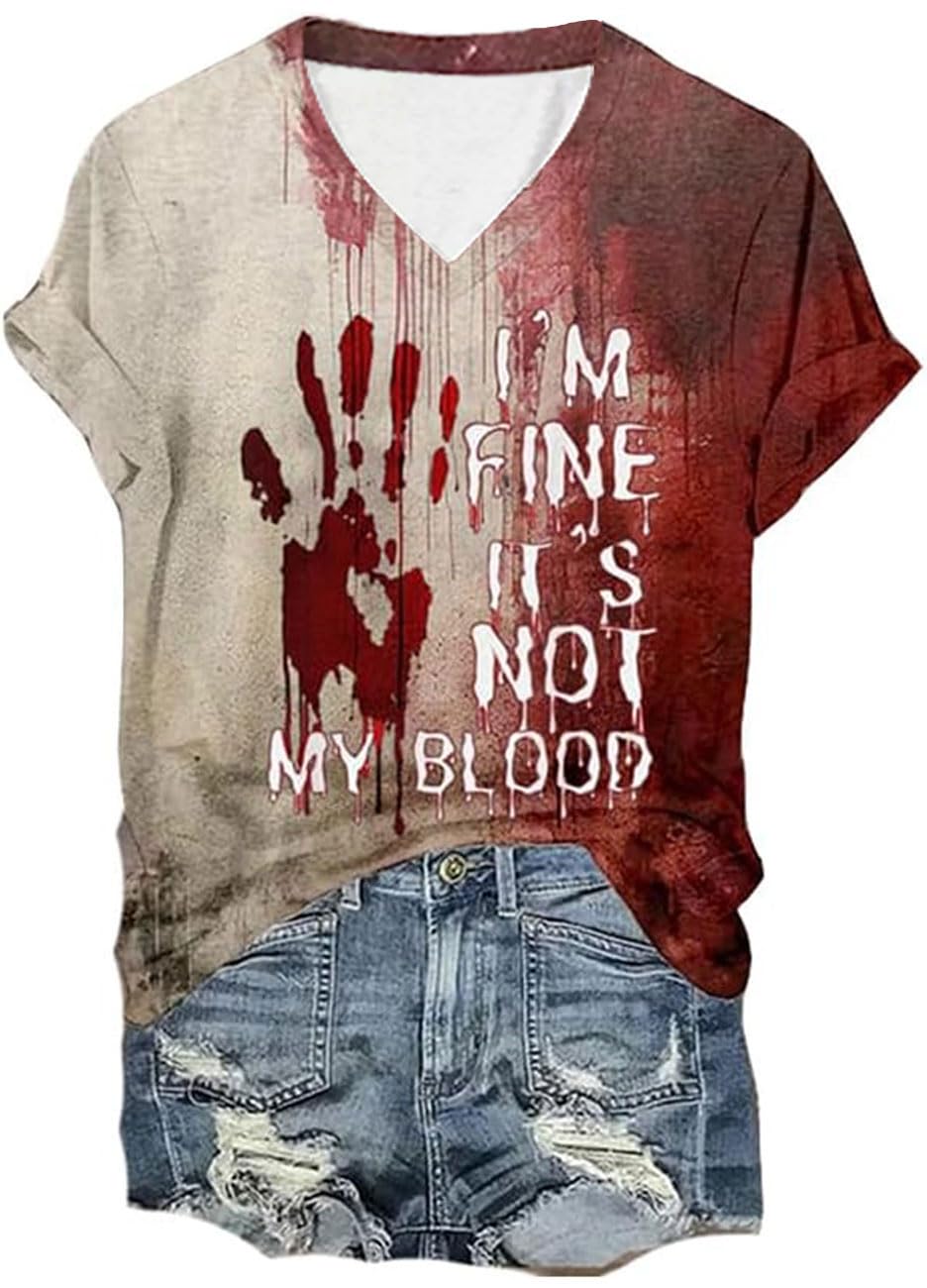 Halloween Bloody Shirts Women Funny Blood Splatter Horror T-Shirt Halloween Blood Stain Horror Movie Graphic Top
