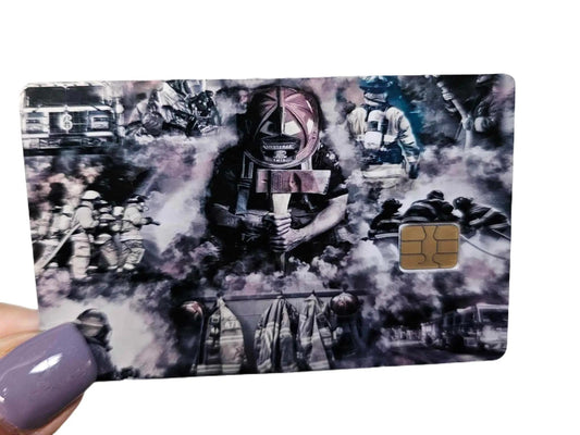 Fire Fighter Collage Credit / Debit Card Skin - Black & Purple Design Featuring Firefighters, Uniforms, and Various Fire Safety Elements | Aesthetic Credit Card Skin Sticker