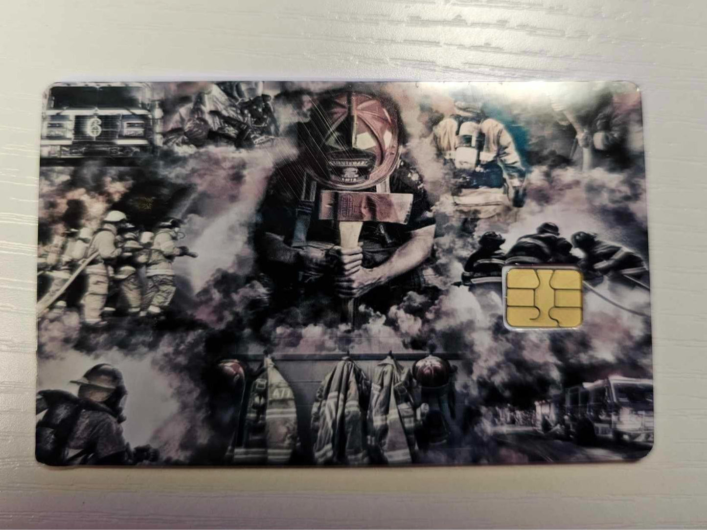 Fire Fighter Collage Credit / Debit Card Skin - Black & Purple Design Featuring Firefighters, Uniforms, and Various Fire Safety Elements | Aesthetic Credit Card Skin Sticker